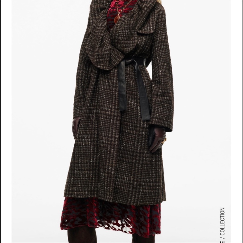 Zara Limited Edition Brown Plaid Herringbone Long Belted Coat